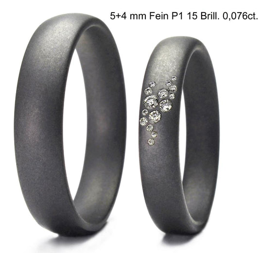 Tantalum Magic Trauringe/Eheringe 5 + 4 mm breite Fein P1 15 Brill. 0,076ct.